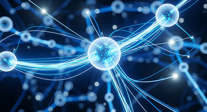 Abstract glowing neural network with interconnected nodes and light trails technology