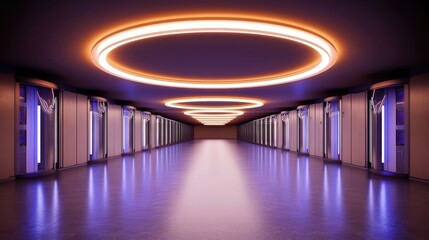 Futuristic server room with glowing circular lights.
