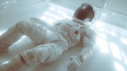 Cinematic angle on levitating survival suit casting subtle shadow on clean white floor bright sharp detail 