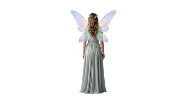 Woman in elegant gown with iridescent fairy wings.