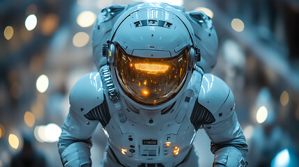 Bright shot of disaster suit with reflective visor and flexible armor hovering in a minimalistic space 