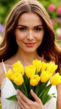 Close-up of woman with closed eyes inhaling scent of sunny yellow tulips in summer garden with blurred background.
