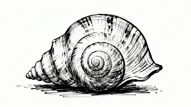 Detailed ink drawing of a spiral seashell on a white background