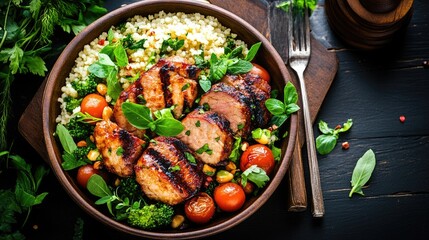 Grilled chicken and couscous bowl with vegetables.