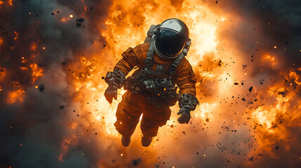 Ultra-detailed disaster suit suspended in air surrounded by digital embers and hazard aura in cinematic tone 
