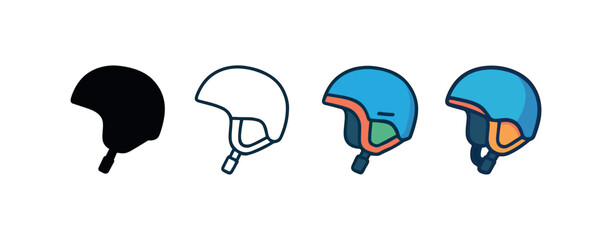 Vector icon ski helmet same pose same proportions four styles black solid glyph outline minimal flat multicolor filled cartoon flat shaded.
