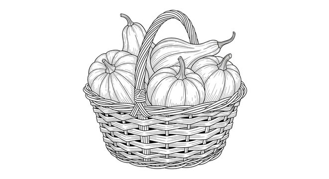 A wicker basket filled with various pumpkins and squashes on a plain background.