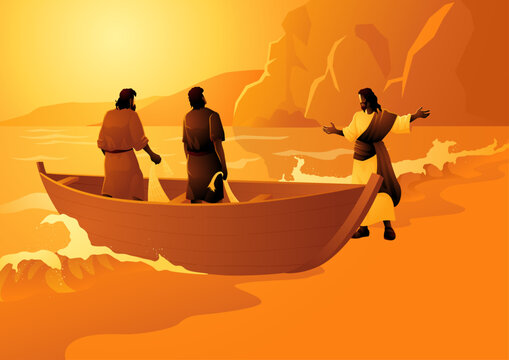 Biblical vector illustration series, Jesus Calling His First Disciples Peter and Andrew. Biblical Illustration of Fishermen and Boat at Sunrise