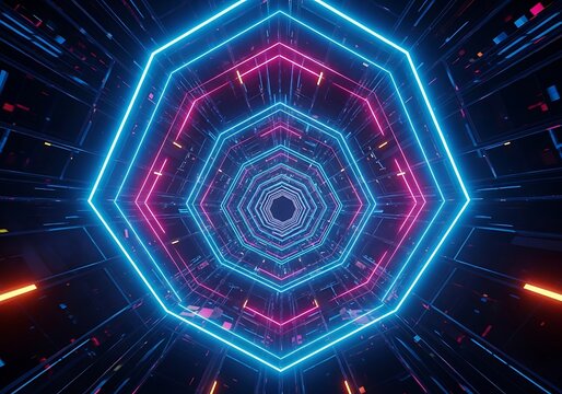 Neon octagonal corridor futuristic, glowing passage in vibrant colors