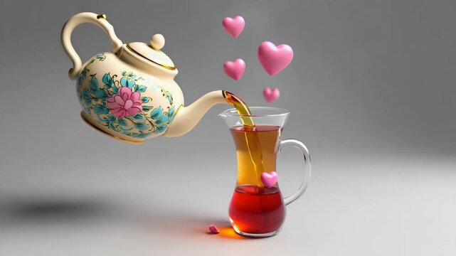 Ornate porcelain teapot pouring liquid symbolizing love into a glass pitcher surrounded by floating pink hearts.