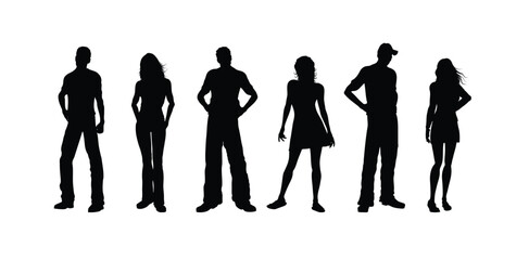 Silhouette people standing, walking, waving, talking, vector illustration of men and women poses. Romantic couple standing together. Vector illustration.