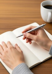 Hands poised with pen over journal accompanied by coffee mug on the table