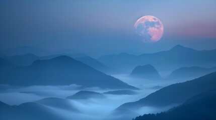 Serene landscape of giant full moon rising behind silhouette mountains, misty night scene.