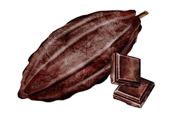 Cocoa bean and a piece of chocolate watercolor. Hand-drawn cocoa fruit on a white background. Food clip art. Ideal for packaging chocolate and cocoa powder.