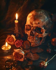 Human Skull with Candles and Roses – Gothic Halloween Stock Photo