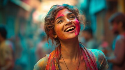 A vibrant, close-up portrait of a woman with her face and hair covered in colorful powder, laughing with pure joy. Captured during the Holi festival in a crowded outdoor setting