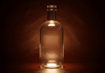 Illuminated glass bottle on textured background capturing light and shadows with empty container concept for beverage