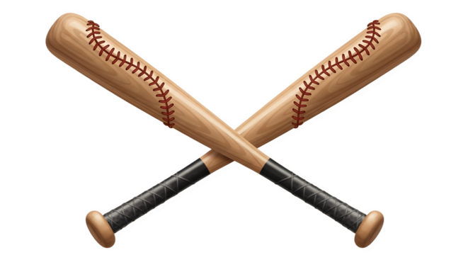 Two Wooden Baseball Bats Crossed Together Isolated on White Background.