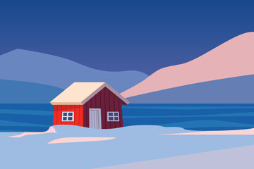 Winter snow landscape and red houses, with snowflakes falling from sky. Christmas winter scenery of cold weather.	