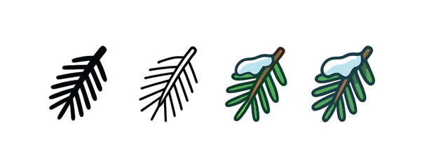 Fototapeta premium Vector icon frosty pine branch same pose same proportions four styles black solid glyph outline minimal flat multicolor filled cartoon flat shaded.