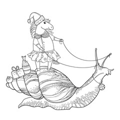 Greeting card with outline cute horse and giant land snail in black isolated on white background. 