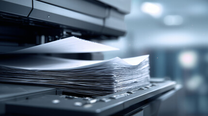 Close-up of printer stacking printed documents.