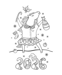 Greeting card with outline cute horse and Christmas gifts in black isolated on white background. 
