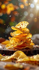Stacked spiced chips in sunlight