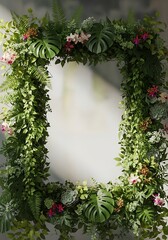 Lush botanical rectangle frame with leaves and flowers adorn a textured wall backdrop offering a natural space