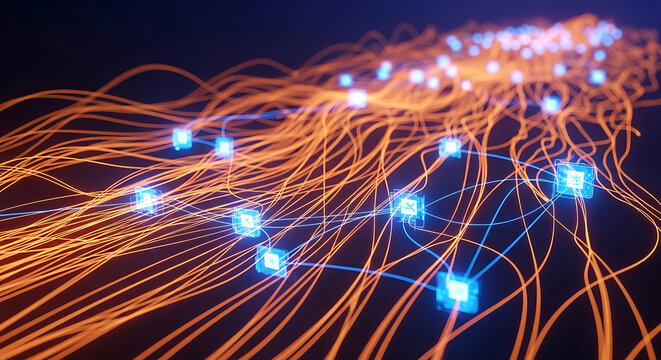 Glowing Blue Nodes Connected By Orange Light Trails In A Network image photo