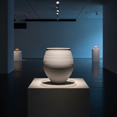Minimalist ceramic exhibit featuring a central sculptural vase in a contemporary art gallery space