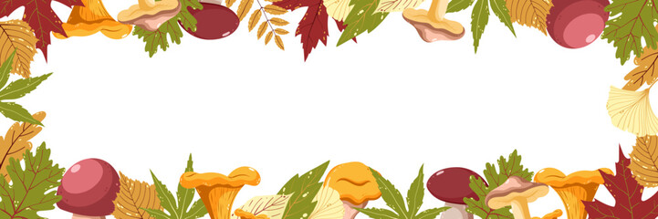 Autumn Leaves and Mushrooms Frame. Fall Leaves Rectangle Frame. Autumn Banner. Botanical Vector Flat Illustrations