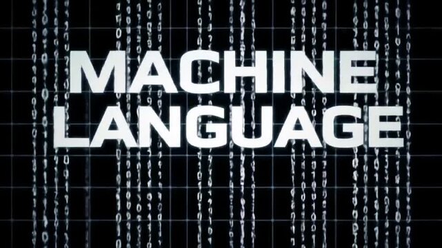 Dynamic digital world with MACHINE LANGUAGE text and falling binary code