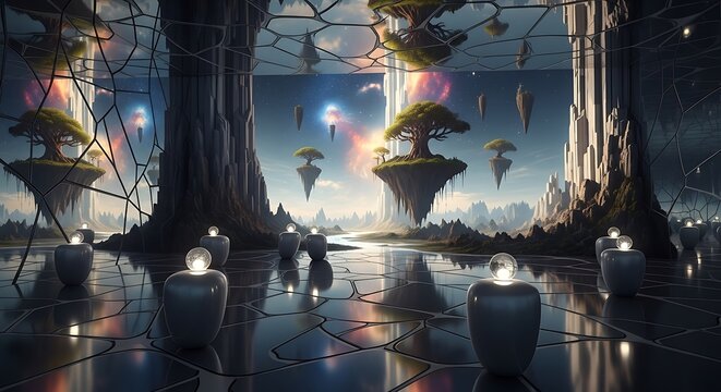 Surreal luminous landscape featuring floating islands, cosmic reflections, and mystical lights