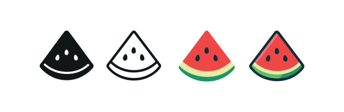 Vector icon watermelon slice same pose same proportions four styles black solid glyph outline minimal flat multicolor filled cartoon flat shaded.