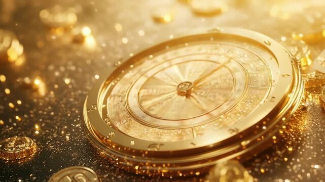 Close-up of a luxurious golden compass with glittering background