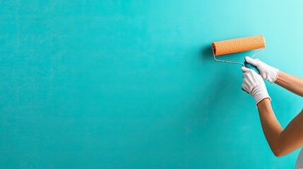 Person painting a wall with an orange paint roller.