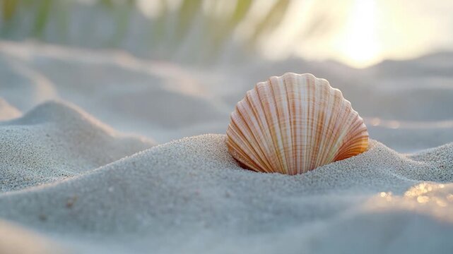 A shell lies on a sandy beach, with waves crashing in the background