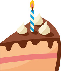 Slice of chocolate cake with blue striped candle on white background slice of cake dessert