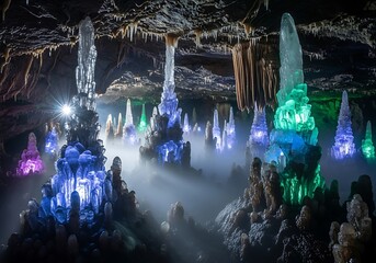 Spectacular subterranean realm exhibiting illuminated crystalline formations and ethereal mist atmosphere