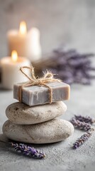 A serene arrangement of lavender soap on smooth stones, surrounded by candles and lavender flowers, creating a calming ambiance.