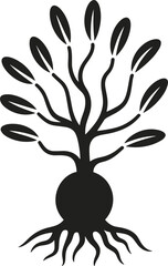 Stylized Black Silhouette of a Tree with Roots and Leaves icon