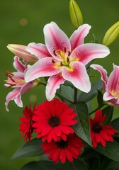 Fototapeta premium Vibrant floral arrangement featuring pink lilies and deep red gerbera daisies against verdant backdrop