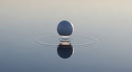 Spherical form hovering above a still, reflecting body of water