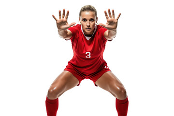 Focused female soccer player in a red uniform in a defensive ready stance