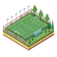Isometric soccer field with trees and stadium lights a vibrant sports scene