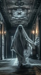 Creepy Ghost in Gothic Corridor with Candlelight – Halloween Horror Stock Photo