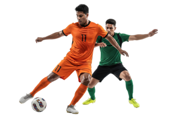 Male soccer player in an orange jersey dribbling past a defender in green