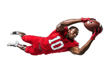American football player in a red uniform making a spectacular diving catch