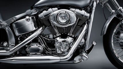 Detailed close-up of a classic black motorcycle engine showcasing chrome exhaust pipes carburetor cylinders and shiny metallic components on a sleek modern bike